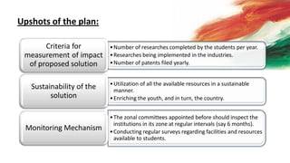 Upshots of the plan:
•Number of researches completed by the students per year.
•Researches being implemented in the industries.
•Number of patents filed yearly.
Criteria for
measurement of impact
of proposed solution
•Utilization of all the available resources in a sustainable
manner.
•Enriching the youth, and in turn, the country.
Sustainability of the
solution
•The zonal committees appointed before should inspect the
institutions in its zone at regular intervals (say 6 months).
•Conducting regular surveys regarding facilities and resources
available to students.
Monitoring Mechanism
 