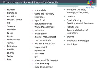 • Biotech
• Nanotech
• Genetics
• Robotics and AI
• GIS
• Sensors
• Materials
• Space
• Ocean
• Construction
• Textiles
• Automobile
• Gems and Jewellery
• Chemicals
• Agro Foods
• Natural resources
• Waste Management
• Sanitation
• Urbanisation
• Disaster Management
• Pharmaceuticals
• Tourism & Hospitality
• Environment
• Agriculture
• Transport
• ICT
• Science and Technology
• Manufacturing
• Rural Development
• Transport (Aviation,
Railways, Water, Road)
• Defence
• Quality Testing,
Certification and Assurance
• Patents and
Commercialisation of
innovations
• Exports
• Traditional Knowledge
• North East
• Education
• Health
• Energy
• Water
• Food
Proposed Areas: Sectoral Innovation Councils
 