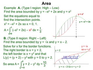 Example A. (Type I region: High – Low)
Find the area bounded by y = –x2 + 2x and y = x2
Area
Set the equations equal to
find the intersection points.
x2 = –x2 + 2x so x = 0, 1.
A = ∫
x=0
1
(–x2 + 2x) – x2 dx = 1
3
y = –x2 + 2x
y = x2
1
y = x – 2 so x = y + 2
y = √x
so x = y2
L(y) = y + 2 – y2
y = 2
Solve for x for the border functions.
The right border is x = y + 2,
the left border is x = y2 and that
L(y) = (y + 2) – y2 with y = 0 to y = 2.
So area A = y + 2 – y2 dy
∫
y = 0
2
=
10
3
B. (Type II region: Right – Left)
Find the area bounded by y = √x and y = x – 2.
 