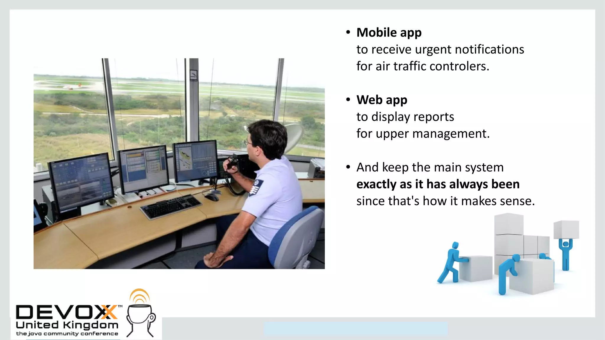 Copyright © 2014, Oracle and/or its affiliates. All rights reserved.
● Mobile app
to receive urgent notifications
for air traffic controlers.
● Web app
to display reports
for upper management.
● And keep the main system
exactly as it has always been
since that's how it makes sense.
 