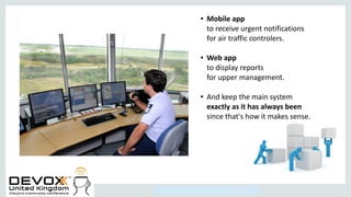 Copyright © 2014, Oracle and/or its affiliates. All rights reserved.
● Mobile app
to receive urgent notifications
for air traffic controlers.
● Web app
to display reports
for upper management.
● And keep the main system
exactly as it has always been
since that's how it makes sense.
 