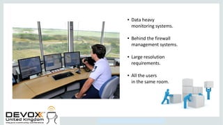 Copyright © 2014, Oracle and/or its affiliates. All rights reserved.
● Data heavy
monitoring systems.
● Behind the firewall
management systems.
● Large resolution
requirements.
● All the users
in the same room.
 