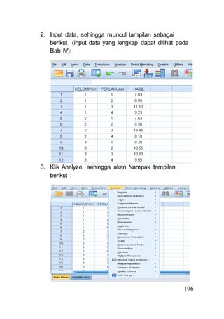 196 
2. Input data, sehingga muncul tampilan sebagai 
berikut (input data yang lengkap dapat dilihat pada 
Bab IV): 
3. Klik Analyze, sehingga akan Nampak tampilan 
berikut : 
 