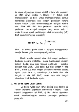 ini dapat digunakan secara efektif antara lain: gunakan 
uji BNT hanya apabila F. Hitung > F. Tabel, tidak 
menggunakan uji BNT untuk membandingkan semua 
kombinasi pasangan nilai tengah perlakuan karena 
hanya cocok untuk membandingkan dengan kontrol 
atau tidak lebih dari lima perlakuan. Apabila setiap 
perlakuan mempunyai ulangan yang sama yaitu r, 
maka formula untuk perhitungan nilai pembanding (NP) 
BNT pada taraf nyata α adalah: 
175 
NP BNTα = tα . √( ퟐ 푲푻 푮풂풍풂풕) 
퐫 
Nilai tα dilihat pada tabel t dengan menggunakan 
derajat bebas galat dan α yang digunakan. 
Untuk menilai apakah dua nilai tengah perlakuan 
berbeda secara statistika, maka bandingkan dengan 
selisih (beda) dua nilai tengah perlakuan tersebut 
dengan nilai BNT. Jika beda dua nilai tengah > nilai 
BNT , maka dua nilai tengah dikatakan berbeda secara 
nyata pada taraf α, sebaliknya jika beda dua nilai 
tengah ≤ nilai NP BNT, maka dua nilai tengah 
dikatakan tidak berbeda nyata. 
2. Uji Beda Nyata Jujur (BNJ) 
Uji beda nyata jujur (BNJ) sering juga disebut uji 
Turkey (Honestly Significant Difference = HSD). Tidak 
seperti penggunaan uji BNT, uji BNJ dapat digunakan 
untuk membandingkan semua pasangan perlakuan 
yang ada. 
 