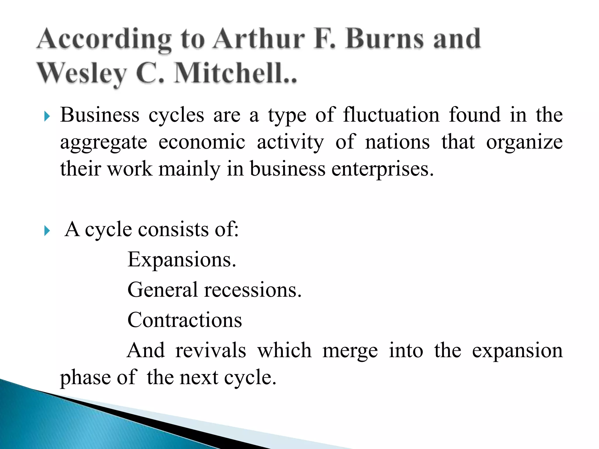  Business cycles are a type of fluctuation found in the
aggregate economic activity of nations that organize
their work mainly in business enterprises.
 A cycle consists of:
Expansions.
General recessions.
Contractions
And revivals which merge into the expansion
phase of the next cycle.
 