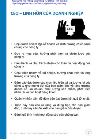 •  Chịu trách nhiệm lập kế hoạch và định hướng chiến lược
chung cho công ty	
  
•  Đưa ra mục tiêu, hướng phát triển và chiến lược của
công ty.	
  
•  Điều hành và chịu trách nhiệm cho toàn bộ hoạt động của
công ty	
  
•  Chịu trách nhiệm về lợi nhuận, hướng phát triển và tăng
trưởng của công ty	
  
•  Đảm bảo đạt được các mục tiêu hiện tại và tương lai của
công ty như mong đợi của ban giám đốc về tăng trưởng
doanh số, lợi nhuận, chất lượng sản phẩm, phát triển
nhân tài và các hoạt động khác.	
  
•  Quản lý nhân viên để đảm bảo đạt được kết quả tốt nhất.	
  
•  Trình bày báo cáo rõ ràng và đúng hạn cho ban giám
đốc, trình bày các đề xuất cho ban giám đốc duyệt.	
  
•  Đánh giá tình hình hoạt động của các phòng ban.
CEO	
  –	
  LINH	
  HỒN	
  CỦA	
  DOANH	
  NGHIỆP	
  
710	
  CÁCH	
  LÀM	
  INTERNET	
  MARKETING	
  –	
  TÁC	
  GIẢ:	
  RICHDADLOC	
  
Xây Dựng Hệ Thống Bán Hàng Tự Động Trên Internet
http://biquyethoctap.com/he-thong-ban-hang-tu-dong
 