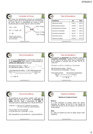 07/04/2013
6
Conversão de Formas
Um creme de isotretinoína precisa ser preparado a
0,05% a partir de um já preparado com concentração
de 0,2%. Qual é a quantidade de creme a 0,2%
necessária para se obter 20g do creme a 0,05%?
C1V1 = C2V2
0,2 . x = 0,05 . 20
x = 5g
Tomar 5 g de creme a
0,2% e adicionar a 15 g
de creme base.
0,2
0,05
0
0,05
0,15
+
0,20  20,0g
 5,0g
 15,0g
www.farmacotecnica.ufc.br
Fator de Equivalência
Substância Sal Base
Salbutamol sulfato 576,71 239,31
Betametasona valerato 476,58 392,47
Clordiazepóxido cloridrato 336,22 299,76
Ampicilina trihidratada 403,46 349,41
Cloranfenicol palmitato 561,55 323,13
Tamoxifeno citrato 563,65 371,53
Tobramicina sulfato 1425,45 467,52
www.farmacotecnica.ufc.br
O xarope de salbutamol é apresentado contendo 4
% de salbutamol base. Qual é a concentração de
sulfato de salbutamol no xarope?
PM Salbutamol base – 239,31
PM Salbutamol sulfato – 576,71
1 Mol Salbutamol sulfato – 2 Mol Salbutamol base
576,71 g 2 x 239,31 g
x 4 %
x = 4,82 %
www.farmacotecnica.ufc.br
Fator de Equivalência
As suspensões de amoxicilina são preparadas a partir da
amoxicilina trihidratada, resultando numa concentração
de 500 mg/5 mL da forma anidra. Qual a quantidade da
forma hidratada é necessária para se obter 250 mL de
suspensão?
500 mg/5 ml x 250 ml = 25.000 mg = 25 g (anidra)
PM Amoxicilina anidra – 365,41
PM Amoxicilina trihidratada – 419,41
Amoxicilina anidra Amoxicilina trihidratada
365,41 419,41
25g x
x = 28,7g
Fator de Equivalência
www.farmacotecnica.ufc.br
Os dentifrícios de uso adulto contêm 1500 ppm de
Fluor (PM=19) obtidos a partir do Fluoreto de
sódio (PM=42). Qual a quantidade de NaF é
necessária para a preparação de 1 Kg de dentifrício?
1.500 ppm = 1.500 mg F em 1.000.000 mg dentifrício
1,5 g F em 1.000 g ou 1 Kg de dentifrício
19 g de Fluor em 42 g de NaF
1,5 g de Fluor em ? g de NaF = 3,3 g
São necessários 3,3 g de NaF em 1 Kg de dentifrício
Fator de Equivalência
www.farmacotecnica.ufc.br
Noções de Estatística
Medidas de Tendência Central
Mediana
É o valor localizado na posição central dos valores
ordenados da variável, tal que 50 % dos valores da
variável são menores do que a mediana e os restantes 50
% são maiores.
Moda
É o valor da variável que mais se repete, possui maior
frequência.
www.farmacotecnica.ufc.br
 