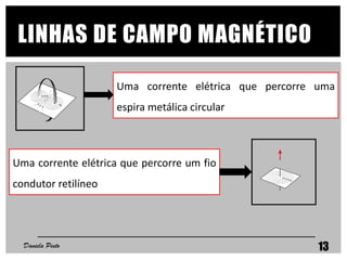 LINHAS DE CAMPO MAGNÉTICO
Uma corrente elétrica que percorre um fio
condutor retilíneo
Uma corrente elétrica que percorre uma
espira metálica circular
Daniela Pinto 13
 