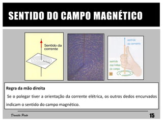 Regra da mão direita
Se o polegar tiver a orientação da corrente elétrica, os outros dedos encurvados
indicam o sentido do campo magnético.
SENTIDO DO CAMPO MAGNÉTICO
Daniela Pinto 15
 