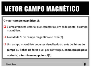 O vetor campo magnético, 𝑩:
 É uma grandeza vetorial que caracteriza, em cada ponto, o campo
magnético.
 A unidade SI de campo magnético é o tesla(T).
 Um campo magnético pode ser visualizado através de linhas de
campo ou linhas de força que, por convenção, começam no polo
norte (N) e terminam no polo sul(S).
VETOR CAMPO MAGNÉTICO
Daniela Pinto 8
 