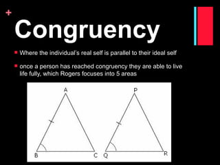 +
    Congruency
       Where the individual’s real self is parallel to their ideal self

       once a person has reached congruency they are able to live
        life fully, which Rogers focuses into 5 areas
 
