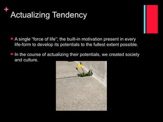 +
    Actualizing Tendency

       A single “force of life”; the built-in motivation present in every
        life-form to develop its potentials to the fullest extent possible.

       In the course of actualizing their potentials, we created society
        and culture.
 