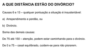 A QUE DISTÂNCIA ESTÃO DO DIVÓRCIO?
Causas 6 e 13 – qualquer pontuação a situação é insustentável:
a) Arrependimento e perdão, ou
b) Divórcio.
Soma das demais causas:
De 75 até 150 – atenção, podem estar caminhando para o divórcio.
De 0 a 75 – casal equilibrado, cuidem-se para não piorarem.
 