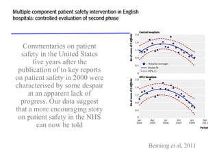 Commentaries on patient safety in the United States five years after the publication of to key reports on patient safety in 2000 were characterised by some despair at an apparent lack of progress. Our data suggest that a more encouraging story on patient safety in the NHS can now be told 
Benning et al, 2011  