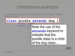 Inheritance example The American Kennel Club (AKC) recognizes three sizes of poodle -  Standard, Miniature, and Toy…  class  poodle  extends  dog { public  $type public function  set_type($height) { if  ($height<10) {  $this->type =  ‘Toy’ ; }  elseif  ($height>15) { $this->type =  ‘Standard’ ; }  else  { $this->type =  ‘Miniature’ ; } } } class  poodle  extends  dog { Note the use of the  extends  keyword to indicate that the poodle class is a child of the dog class… 