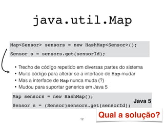 java.util.Map
Map sensors = new HashMap();
Sensor s = (Sensor)sensors.get(sensorId);
Map<Sensor> sensors = new HashMap<Sensor>();
Sensor s = sensors.get(sensorId);
• Trecho de código repetido em diversas partes do sistema
• Muito código para alterar se a interface de Map mudar
• Mas a interface de Map nunca muda (?)
• Mudou para suportar generics em Java 5
Java 5
12
Qual a solução?
 