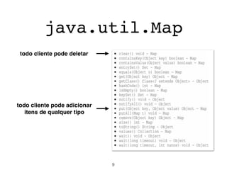 todo cliente pode deletar
todo cliente pode adicionar
itens de qualquer tipo
9
java.util.Map
 