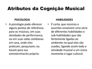 Atributos da Cognição Musical
PSICOLOGIA
• A psicologia pode oferecer
alguns pontos de referência
para os músicos, em suas
atividades de performance,
ou em suas vidas cotidianas
em casa, onde eles
praticam, pesquisam, ou
tocam para seu
entretenimento próprio.
HABILIDADES
• É certo, que músicos e
ouvintes envolvem uma série
de diferentes habilidades e
sub-habilidades que são
fortemente ligadas ao
ambiente no qual elas são
usadas, ligando assim toda a
atividade musical a um único
momento e lugar cultural.
 