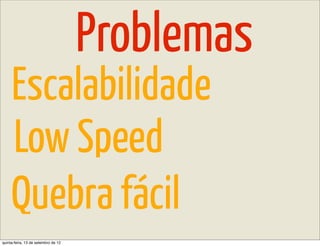 Problemas
     Escalabilidade
     Low Speed
     Quebra fácil
quinta-feira, 13 de setembro de 12
 