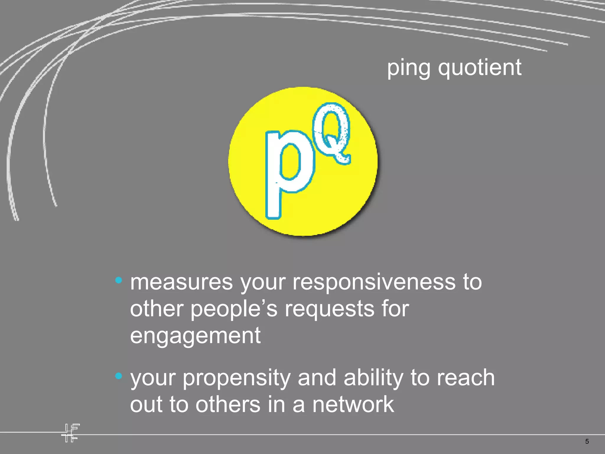 measures your responsiveness to other people’s requests for engagement your propensity and ability to reach out to others in a network ping quotient