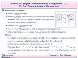PMP Lectures Prepared By: Eng. Mohamed
ElSaadany
Lecture 10 : Project Communications Management (7/12)
01. Plan Communications Management
TT
Notes:
• For effective communication , sender should ask for feedback and receiver should
encode message carefully (listen/watch) and confirm it’s understood.
• 55% of communications are nonverbal (mannerism) ‫اسلوب‬
• Pitch and tone ‫الدرجة‬‫و‬‫النغمة‬ of voice (paralingual) ‫الخصائص‬‫الصوتية‬‫للحديث‬ help to
convey message. Paralingual examples include accent ‫نبرة‬ , time of voice, and speed
of speech.
Communication Models:
• Sender Encode message
• Sender Transmit message using communication Channel
(Medium) and may be compromised by noise (distance,
unfamiliar tech, cultural difference)
• Receiver then Decode message
• Then receiver Acknowledge receipt but does not mean agreement.
• After understanding the message, Receiver transmits Feedback/Response.
 