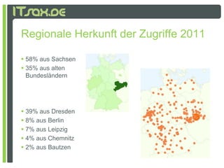 Regionale Herkunft der Zugriffe 2011

 58% aus Sachsen
 35% aus alten
  Bundesländern




 39% aus Dresden
 8% aus Berlin
 7% aus Leipzig
 4% aus Chemnitz
 2% aus Bautzen
 