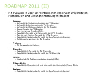 ROADMAP 2011 (II)
•   Mit Plakaten in über 10 Fachbereichen regionaler Universitäten,
    Hochschulen und Bildungseinrichtungen präsent

    -   Dresden:
          o Lehrstuhl für Softwaretechnologie der TU Dresden
          o Lehrstuhl für Rechnernetze der TU Dresden
          o Lehrstuhl für Mediengestaltung der TU Dresden
          o Career Service der TU Dresden
          o Fachhochschule Dresden (FHD)
          o Fakultät Informatik und Mathematik der HTW Dresden
          o Fachbereich Medieninformatik der HTW Dresden
          o Fakultät für Wirtschaftsinformatik der Berufsakademie Dresden
          o Schülerrechenzentrum der TU Dresden

    -   Freiberg:
          o TU Bergakademie Freiberg

    -   Chemnitz:
          o Fakultät für Informatik der TU Chemnitz
          o Fakultät für Wirtschaftsinformatik der TU Chemnitz

    -   Leipzig:
          o Hochschule für Telekommunikation Leipzig (HfTL)

    -   Zittau/Görlitz:
          o Fakultät für Elektrotechnik und Informatik der Hochschule Zittau/ Görlitz

    -   Bautzen:
          o Fakultät für Wirtschaftsinformatik der Berufsakademie Bautzen
 