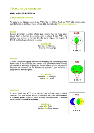 TÉCNICAS DE PESQUISA
AUXILIARES DE PESQUISA

1. Operadores booleanos

As palavras de ligação como E (ou AND), OU (ou OR) e NÃO (ou NOT) são fundamentais
quando temos de combinar vários termos. São chamados de Operadores booleanos.



E/ AND
Quando pretender encontrar artigos que reúnam duas ou mais ideias
deverá ligar os termos de pesquisa com a palavra E (ou AND). Isto
significa que ambos os termos deverão surgir algures no registo. O
E/AND é utilizado para limitar a pesquisa.

                                      EXEMPLOS
                                  Televisão E Violência
                                   Internet E Segurança




OU / OR
O termo OU (ou OR) pode também ser utilizado para combinar palavras.
Neste caso a pesquisa recupera artigos que contenham uma ou outra
palavra-chave. Este tipo de pesquisa resulta melhor quando se pretende
encontrar os sinónimos de um determinado conceito. Como resultado, a
pesquisa fica mais alargada.

                                     EXEMPLOS:
                                  Ambiente OU Ecologia
                                    Prisão OU Cadeia




NÃO / NOT
O termo NÃO (ou NOT) pode também ser utilizado para combinar
palavras. Com este auxiliar recupera resultados nos quais conste apenas
o primeiro termo, excluindo todos aqueles que contenham o segundo
termo. O NÃO expande a pesquisa.

                                     EXEMPLOS:
                                   Java NÃO Café
                                  México NÃO Novo México
 