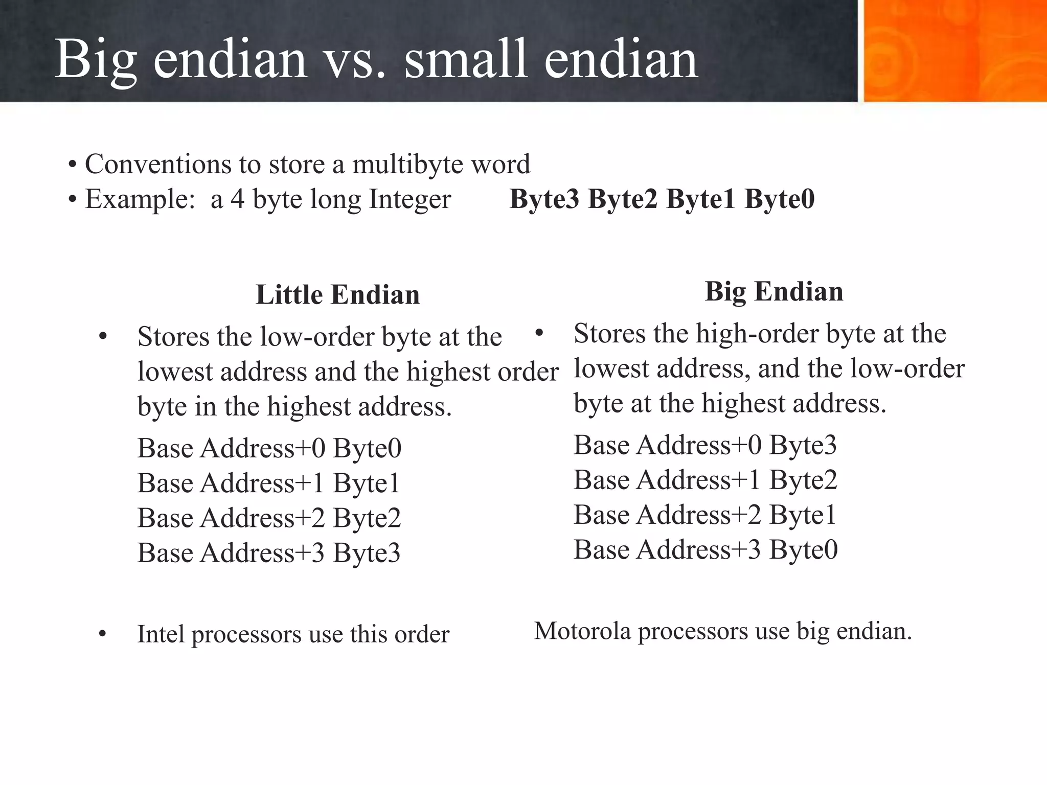 Big endian vs. small endian
Little Endian
• Stores the low-order byte at the
lowest address and the highest order
byte in the highest address.
Base Address+0 Byte0
Base Address+1 Byte1
Base Address+2 Byte2
Base Address+3 Byte3
• Intel processors use this order
Big Endian
• Stores the high-order byte at the
lowest address, and the low-order
byte at the highest address.
Base Address+0 Byte3
Base Address+1 Byte2
Base Address+2 Byte1
Base Address+3 Byte0
Motorola processors use big endian.
• Conventions to store a multibyte word
• Example: a 4 byte long Integer Byte3 Byte2 Byte1 Byte0
 