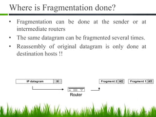 Where is Fragmentation done?
• Fragmentation can be done at the sender or at
intermediate routers
• The same datagram can be fragmented several times.
• Reassembly of original datagram is only done at
destination hosts !!
26
Router
IP datagram H Fragment 1 H1Fragment 2 H2
 