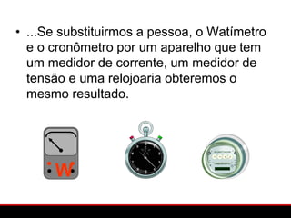 • ...Se substituirmos a pessoa, o Watímetro
  e o cronômetro por um aparelho que tem
  um medidor de corrente, um medidor de
  tensão e uma relojoaria obteremos o
  mesmo resultado.




      W
 
