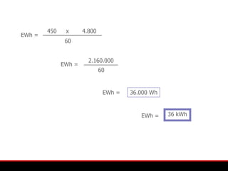 450    x      4.800
EWh =
               60


                        2.160.000
              EWh =
                              60


                               EWh =   36.000 Wh



                                          EWh =    36 kWh
 