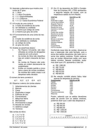 Prof. Humberto F. de Lucena humbertolucena@hotmail.com 7
16. Assinale a alternativa que mostra uma
conta de 2º grau:
a) 1. Ativo
b) 1.1 Ativo Circulante
c) 1.1.1 Disponibilidades
d) 1.1.1.2 Bancos
e) 1.1.1.2.1 Caixa Econômica Federal
17. A Função de uma conta é:
a) a razão de existência da conta
b) ser debitada ou creditada
c) o mesmo que código da conta
d) o mesmo que grau da conta
18. O Funcionamento de uma conta diz res-
peito:
a) à razão de existência da conta
b) a ser debitada ou creditada
c) ao código da conta
d) ao grau da conta
19. Analise as assertivas abaixo:
I. No Passivo Circulante, são clas-
sificadas as contas de obrigações
exigíveis em curto prazo;
II. As contas do Ativo são classifica-
das em ordem crescente de liqui-
dez;
III. As contas do Passivo são orde-
nadas em ordem decrescente de
exigibilidade;
IV. Existe um modelo padrão e único
para o plano de contas contábeis;
V. As receitas têm saldo credor e as
despesas saldo devedor.
O número de itens corretos é:
a) 1 b) 2 c) 3 d) 4 e) 5
20. Observe o elenco de contas abaixo:
1. Adiantamentos de clientes
2. Bancos
3. Caixa
4. Duplicatas a pagar
5. Edifícios de uso
6. Fornecedores
7. Máquinas fabris
8. Mercadorias
9. Promissórias a pagar
10. Receita de vendas
11. Salários a pagar
12. Terrenos
São contas do Ativo:
a) 1, 4, 7 e 10
b) 2, 5, 8 e 12
c) 3, 6, 9 e 12
d) 4, 7, 10 e 12
e) 5, 8, 11 e 12
21. Em 31 de dezembro de 2005 o Contabi-
lista da Empresa HFL LTDA apresentou
a seguinte relação de contas, com os
respectivos saldos do livro Razão:
CONTAS SALDOS em R$
Caixa 250,00
Duplicatas a pagar 650,00
Lucros Acumulados 130,00
Aluguéis Passivos 140,00
Comissões Ativas 30,00
Receita de Juros 110,00
Impostos a recolher 300,00
Veículos 900,00
Custos das vendas 600,00
Receita de vendas 900,00
Despesas de juros 130,00
Clientes 360,00
Móveis e utensílios 540,00
Capital Social 950,00
Impostos federais 200,00
Salários 450,00
Fornecedores 880,00
FGTS a recolher 200,00
Conferindo essa lista de contas, observa-se
que o balancete não está fechado, pois a
soma dos saldos devedores não bate com a
soma dos saldos credores. Porém sabe-se
que as contas diferenciais estão com seus
saldos corretos. Nessas condições, pode-
mos dizer que o PL apresenta o valor de:
a) R$ 1.080,00
b) R$ 710,00
c) R$ 800,00
d) R$ 910,00
e) R$ 600,00
22. Na relação contábil abaixo faltou listar
apenas as despesas do período:
Componentes Valores em R$
Capital 1300
Receitas 1000
Dívidas 1800
Dinheiro 1100
Clientes 1200
Fornecedores 1350
Prejuízos anteriores 400
Máquinas 1950
Porém, sabendo que os saldos devedores
estão de acordo com os saldos credores,
podemos dizer que o valor das despesas é:
a) R$ 200,00
b) R$ 400,00
c) R$ 800,00
d) R$ 1.200,00
e) R$ 1.400,00
GABARITO
15 – D, 16 – E, 17 – A, 18 – B, 19 – C, 20 – B, 21 – E, 22 – C
 