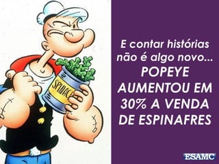 E contar histórias
não é algo novo...
POPEYE
AUMENTOU EM
30% A VENDA
DE ESPINAFRES
 