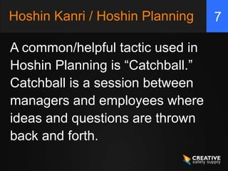 Hoshin Kanri / Hoshin Planning 7
A common/helpful tactic used in
Hoshin Planning is “Catchball.”
Catchball is a session be...