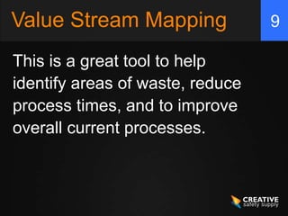 9
This is a great tool to help
identify areas of waste, reduce
process times, and to improve
overall current processes.
Va...