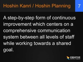Hoshin Kanri / Hoshin Planning       7

A step-by-step form of continuous
improvement which centers on a
comprehensive communication
system between all levels of staff
while working towards a shared
goal.
 