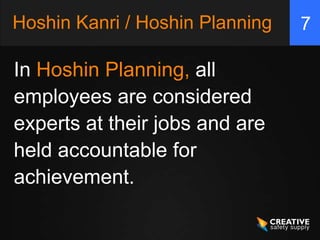 Hoshin Kanri / Hoshin Planning   7

In Hoshin Planning, all
employees are considered
experts at their jobs and are
held accountable for
achievement.
 