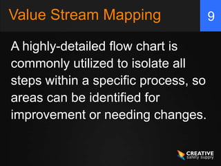 Value Stream Mapping                  9

A highly-detailed flow chart is
commonly utilized to isolate all
steps within a specific process, so
areas can be identified for
improvement or needing changes.
 