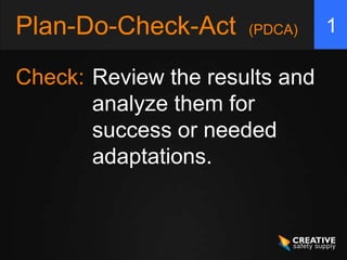 Plan-Do-Check-Act     (PDCA)    1

Check: Review the results and
       analyze them for
       success or needed
       adaptations.
 