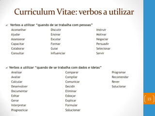  Verbos a utilizar “quando de se trabalha com pessoas”
Aconselhar Discutir Instruir
Ajudar Ensinar Motivar
Assessorar Escutar Negociar
Capacitar Formar Persuadir
Colaborar Guiar Selecionar
Consultar Influenciar Servir
 Verbos a utilizar “quando de se trabalha com dados e ideias”
Analisar Comparar Programar
Avaliar Compilar Recomendar
Calcular Comunicar Rever
Desenvolver Decidir Solucionar
Documentar Eliminar
Editar Esboçar
Gerar Explicar
Interpretar Formular
Prognosticar Solucionar
15
Curriculum Vitae: verbos a utilizar
 