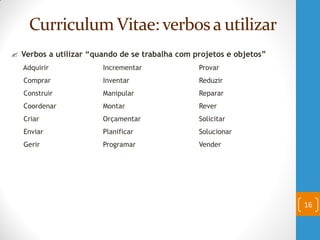 Curriculum Vitae: verbos a utilizar
 Verbos a utilizar “quando de se trabalha com projetos e objetos”
Adquirir Incrementar Provar
Comprar Inventar Reduzir
Construir Manipular Reparar
Coordenar Montar Rever
Criar Orçamentar Solicitar
Enviar Planificar Solucionar
Gerir Programar Vender
16
 