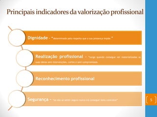 Principais indicadoresdavalorizaçãoprofissional
5
Dignidade – “determinada pelo respeito que a sua presença impõe.”
Realização profissional – “surge quando consegue ver materializadas as
suas ideias sem intervenções, cortes e sem compromissos.
Reconhecimento profissional
Segurança – “se não se sentir seguro nunca irá conseguir bons contratos”
 