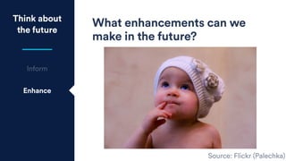 Enhance
What enhancements can we
make in the future?
Think about
the future
Inform
Source: Flickr (Palechka)