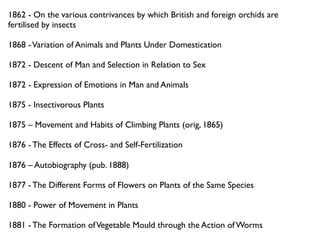 1862 - On the various contrivances by which British and foreign orchids are
fertilised by insects

1868 - Variation of Animals and Plants Under Domestication

1872 - Descent of Man and Selection in Relation to Sex

1872 - Expression of Emotions in Man and Animals

1875 - Insectivorous Plants

1875 – Movement and Habits of Climbing Plants (orig, 1865)

1876 - The Effects of Cross- and Self-Fertilization

1876 – Autobiography (pub. 1888)

1877 - The Different Forms of Flowers on Plants of the Same Species

1880 - Power of Movement in Plants

1881 - The Formation of Vegetable Mould through the Action of Worms
 