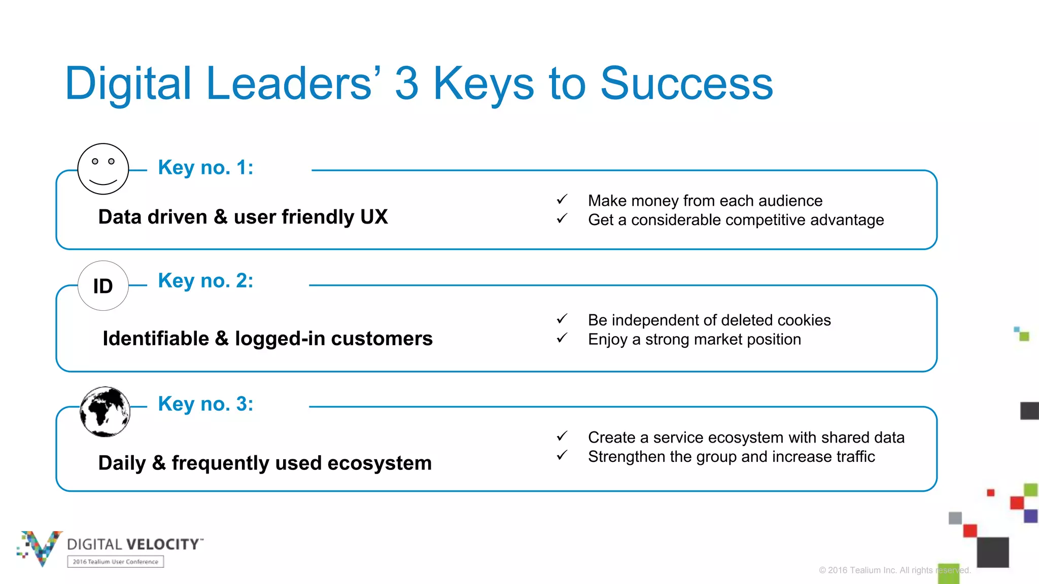 © 2016 Tealium Inc. All rights reserved.
Digital Leaders’ 3 Keys to Success
Data driven & user friendly UX
Key no. 1:
Identifiable & logged-in customers
Key no. 2:
Daily & frequently used ecosystem
Key no. 3:
 Make money from each audience
 Get a considerable competitive advantage
 Be independent of deleted cookies
 Enjoy a strong market position
 Create a service ecosystem with shared data
 Strengthen the group and increase traffic
ID
 