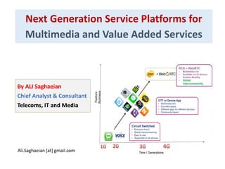 Next Generation Service Platforms for
Multimedia and Value Added Services
By ALI Saghaeian
Chief Analyst & Consultant
Telecoms, IT and Media
Ali.Saghaeian [at] gmail.com
 