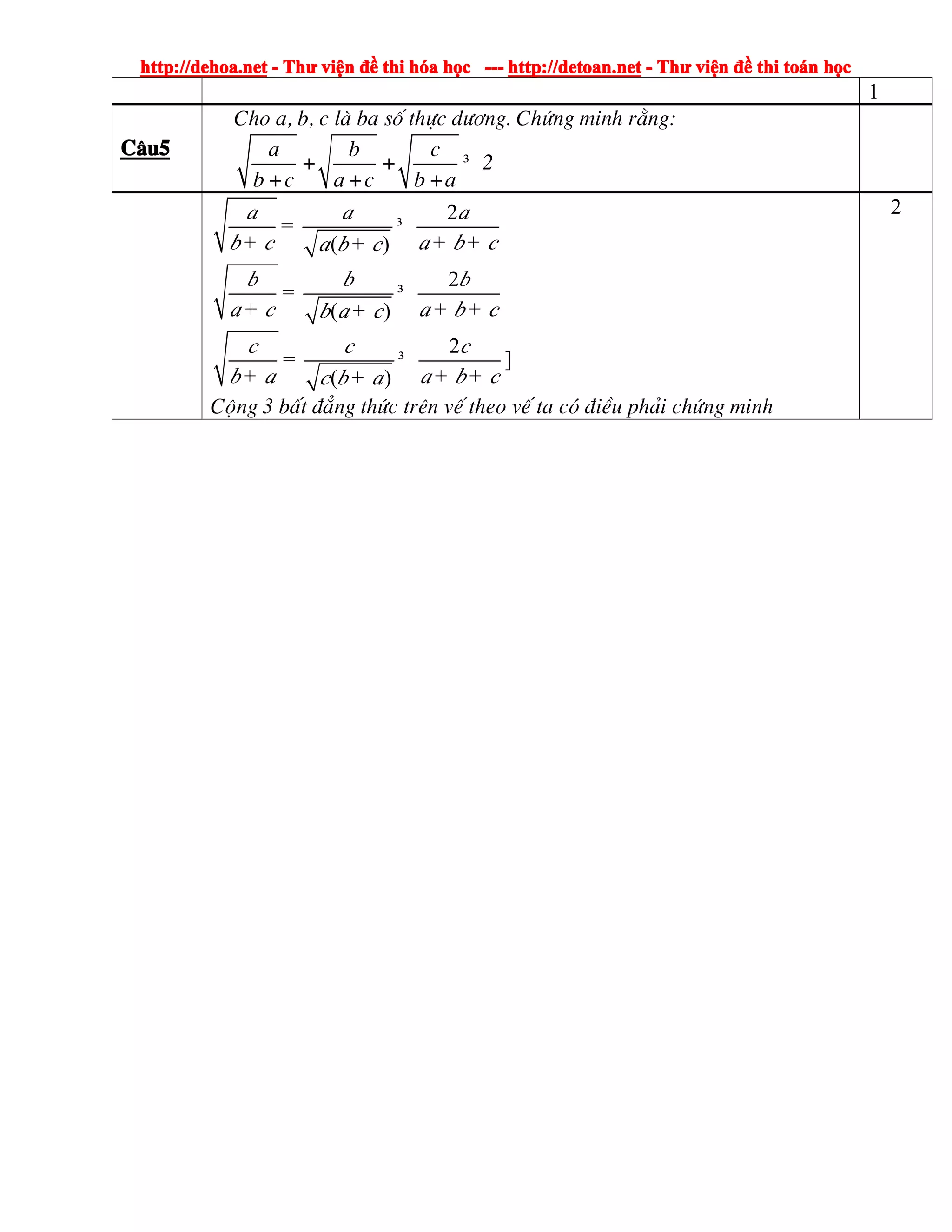 http://dehoa.nethttp://dehoa.nethttp://dehoa.nethttp://dehoa.net ---- ThThThThưưưư viviviviệệệệnnnn đềđềđềđề thithithithi hhhhóóóóaaaa hhhhọọọọcccc ------------ http://detoan.nethttp://detoan.nethttp://detoan.nethttp://detoan.net ---- ThThThThưưưư viviviviệệệệnnnn đềđềđềđề thithithithi totototoáááánnnn hhhhọọọọcccc
1
CCCC©©©©u5u5u5u5
Cho a, b, c lµ ba sè thùc d­¬ng. Chøng minh r»ng:
³
a b c
+ + 2
b +c a+c b +a
2
( )
a a a
b c a b ca b c
= ³
+ + ++
2
( )
b b b
a c a b cb a c
= ³
+ + ++
2
( )
c c c
b a a b cc b a
= ³
+ + ++
]
Céng 3 bÊt ®¼ng thøc trªn vÕ theo vÕ ta cã ®iÒu ph¶i chøng minh
2
 