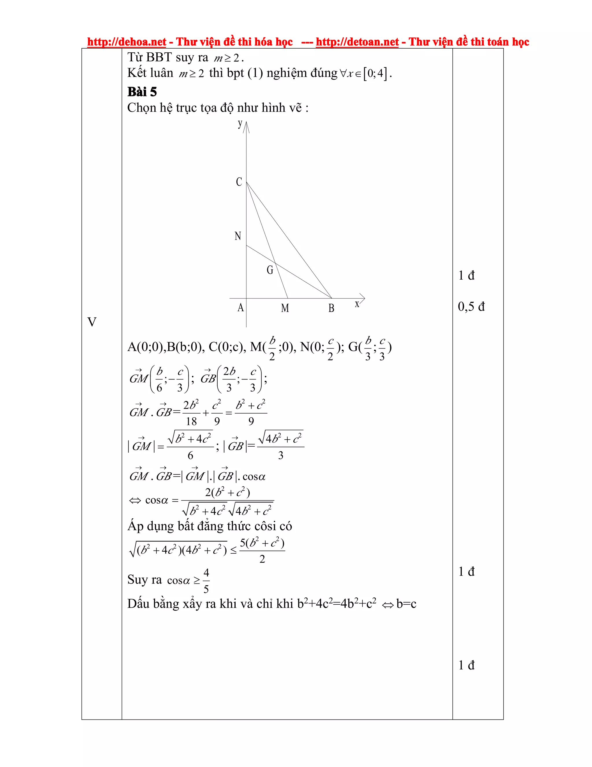 http://dehoa.nethttp://dehoa.nethttp://dehoa.nethttp://dehoa.net ---- ThThThThưưưư viviviviệệệệnnnn đềđềđềđề thithithithi hhhhóóóóaaaa hhhhọọọọcccc ------------ http://detoan.nethttp://detoan.nethttp://detoan.nethttp://detoan.net ---- ThThThThưưưư viviviviệệệệnnnn đềđềđềđề thithithithi totototoáááánnnn hhhhọọọọcccc
V
Từ BBT suy ra 2m ≥ .
Kết luân 2m ≥ thì bpt (1) nghiệm đúng [ ]0;4x∀ ∈ .
BBBBààààiiii 5555
Chọn hệ trục tọa độ như hình vẽ :
y
xB
N
A
G
M
C
A(0;0),B(b;0), C(0;c), M(
2
b
;0), N(0;
2
c
); G(
3
b
;
3
c
)
;
6 3
b c
GM
→
⎛ ⎞
−⎜ ⎟
⎝ ⎠
;
2
;
3 3
b c
GB
→
⎛ ⎞
−⎜ ⎟
⎝ ⎠
;
GM
→
.GB
→
=
2 2 2 2
2
18 9 9
b c b c+
+ =
|GM
→
|
2 2
4
6
b c+
= ; |GB
→
|=
2 2
4
3
b c+
GM
→
.GB
→
=|GM
→
|.|GB
→
|.cosα
⇔
2 2
2 2 2 2
2( )
cos
4 4
b c
b c b c
α
+
=
+ +
Áp dụng bất đẳng thức côsi có
2 2
2 2 2 2 5( )
( 4 )(4 )
2
b c
b c b c
+
+ + ≤
Suy ra
4
cos
5
α ≥
Dấu bằng xẩy ra khi và chỉ khi b2+4c2=4b2+c2
⇔ b=c
1 đ
0,5 đ
1 đ
1 đ
 