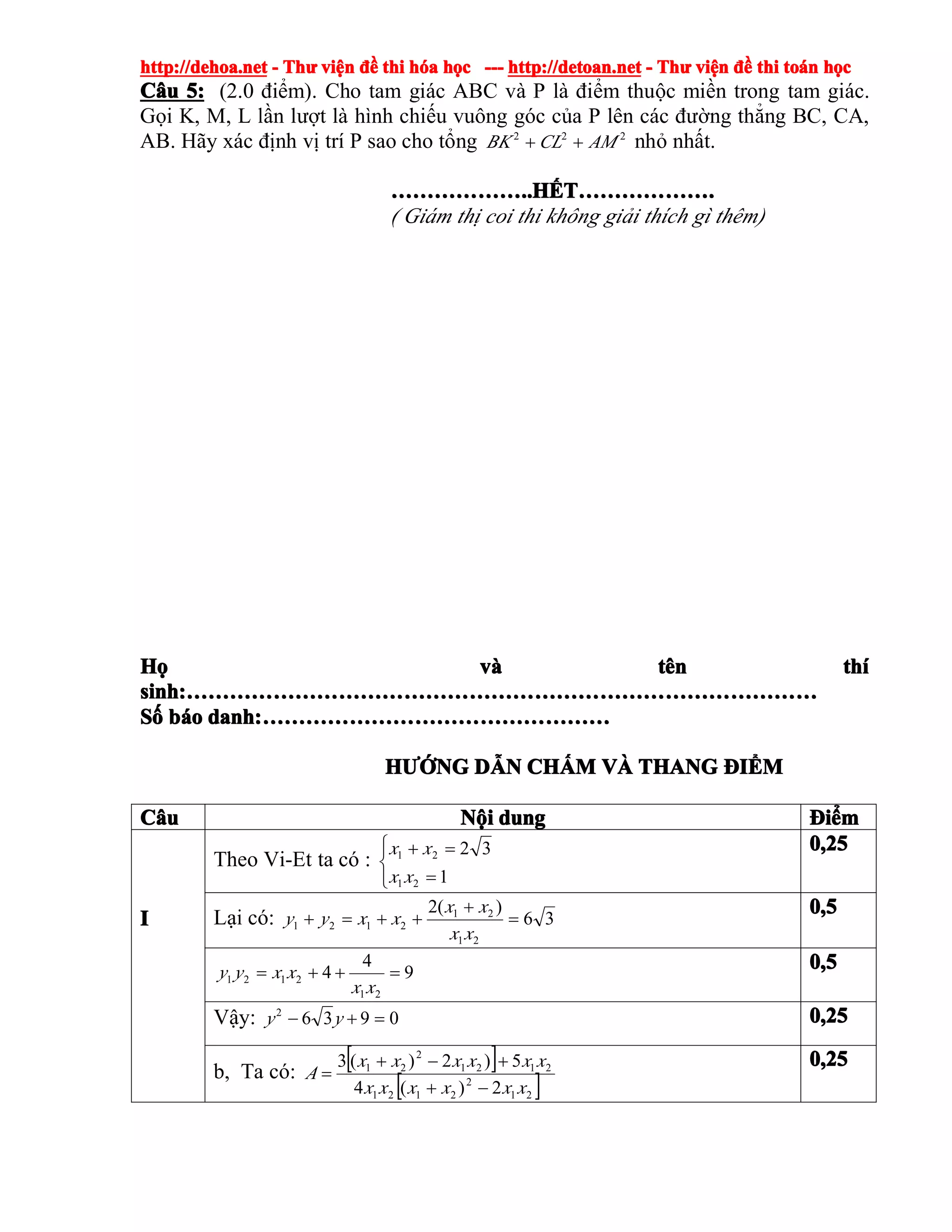 http://dehoa.nethttp://dehoa.nethttp://dehoa.nethttp://dehoa.net ---- ThThThThưưưư viviviviệệệệnnnn đềđềđềđề thithithithi hhhhóóóóaaaa hhhhọọọọcccc ------------ http://detoan.nethttp://detoan.nethttp://detoan.nethttp://detoan.net ---- ThThThThưưưư viviviviệệệệnnnn đềđềđềđề thithithithi totototoáááánnnn hhhhọọọọcccc
CCCCââââuuuu 5:5:5:5: (2.0 điểm). Cho tam giác ABC và P là điểm thuộc miền trong tam giác.
Gọi K, M, L lần lượt là hình chiếu vuông góc của P lên các đường thẳng BC, CA,
AB. Hãy xác định vị trí P sao cho tổng 222
AMCLBK ++ nhỏ nhất.
………………………………………………………………..H..H..H..HẾẾẾẾTTTT………………………………………………………………....
( Giám thị coi thi không giải thích gì thêm)
HHHHọọọọ vvvvàààà ttttêêêênnnn ththththíííí
sinh:sinh:sinh:sinh:……………………………………………………………………………………………………………………………………………………………………………………………………………………………………………………………………………………………………………………
SSSSốốốố bbbbááááoooo danh:danh:danh:danh:…………………………………………………………………………………………………………………………………………………………………………
HHHHƯƯƯƯỚỚỚỚNGNGNGNG DDDDẪẪẪẪNNNN CHCHCHCHẤẤẤẤMMMM VVVVÀÀÀÀ THANGTHANGTHANGTHANG ĐĐĐĐIIIIỂỂỂỂMMMM
CCCCââââuuuu NNNNộộộộiiii dungdungdungdung ĐĐĐĐiiiiểểểểmmmm
IIII
Theo Vi-Et ta có :
⎩
⎨
⎧
=
=+
1
32
21
21
xx
xx 0,250,250,250,25
Lại có: 36
)(2
21
21
2121 =
+
++=+
xx
xx
xxyy
0,50,50,50,5
9
4
4
21
2121 =++=
xx
xxyy 0,50,50,50,5
Vậy: 09362
=+− yy 0,250,250,250,25
b, Ta có:
[ ]
[ ]21
2
2121
2121
2
21
2)(4
5)2)(3
xxxxxx
xxxxxx
A
−+
+−+
=
0,250,250,250,25
 